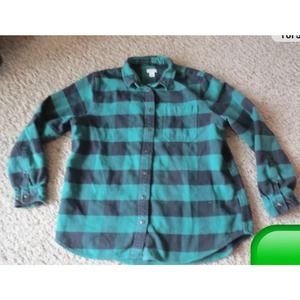 LL Bean Green buffalo plaid Organic cotton Heavy flannel button shirt xs